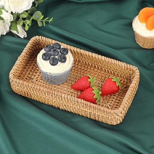 Hipiwe Key Basket for Entryway Table Small Natural Rattan Serving Tray | Wicker Storage Trays for Home Decor, Fruit Bowl Decorative Baskets for Kitchen, Coffee Table