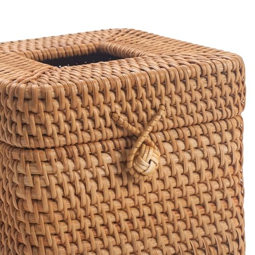 Rattan Tissue Box Cover Square, Wicker Tissue Box Holder with Lid, Natural Woven Facial Tissue Holder for Bathroom, Kitchen, Living Room (Natural)