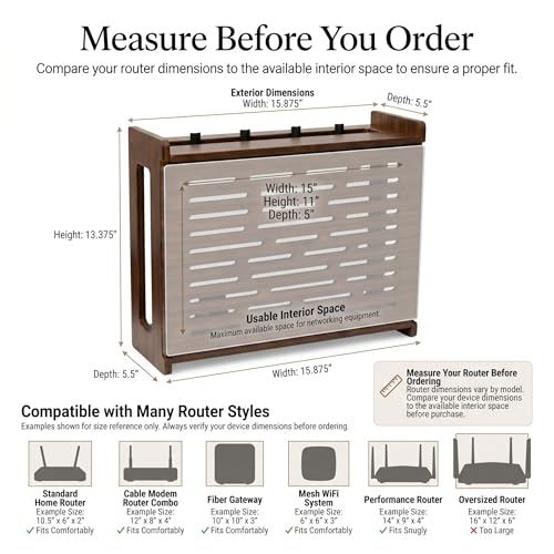 Jacob & Lane Decorative WiFi Box Hider - Bamboo Router and Modem Storage - Wall Mountable Wooden Shelf to Hide Router Modem Box with Cable Management (Up to 11" Tall) (Espresso)