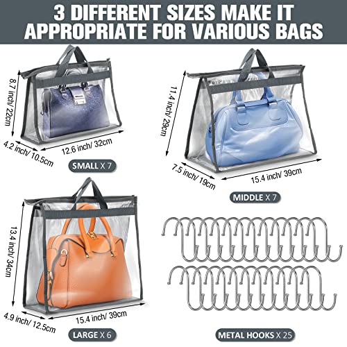 Chumia 20 Pack Dust Bags for Handbags Clear Handbag Storage Organizer, 3 Sizes Purse Storage Organizer for Closets Dust Cover Purse Protector Bag with Zipper and Handles with 25 Pcs S Hooks(Grey)