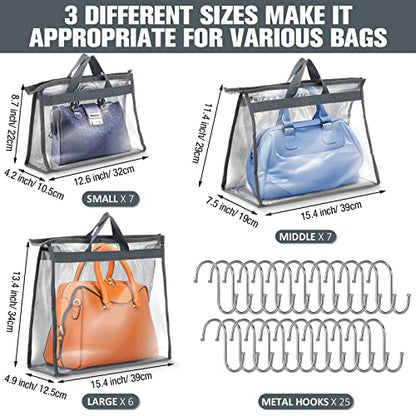 Chumia 20 Pack Dust Bags for Handbags Clear Handbag Storage Organizer, 3 Sizes Purse Storage Organizer for Closets Dust Cover Purse Protector Bag with Zipper and Handles with 25 Pcs S Hooks(Grey)