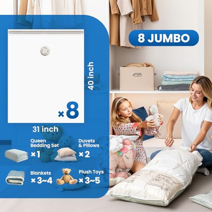 TAILI 8 Pack Vacuum Storage Bags, Jumbo Size (31×40 inch), Cream | Vacuum Seal Bags for Clothing, Extra Large Space Saver for Bulky Beddings, Comforters, Blankets, Pillows, Reusable