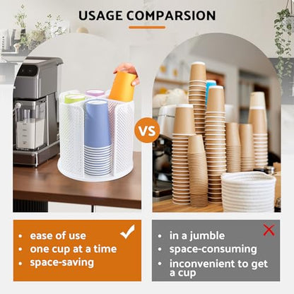 Rotating Paper Cup Dispenser, Cup Holder with 4 Compartments, Disposable Coffee Cup Dispenser Removable, Plastic Cup Storage & Lid Holder for Countertops, Kitchen, Coffee Stations (White)