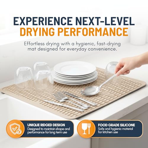 Silicone Dish Drying Mat for Kitchen Counter - Multi-Use 18 x 16 Inch Pad, Non-Slip & Heat-Resistant, Perfect Dish Drainer Mat by Linda’s Essentials, Ideal Kitchen Accessory (Beige)