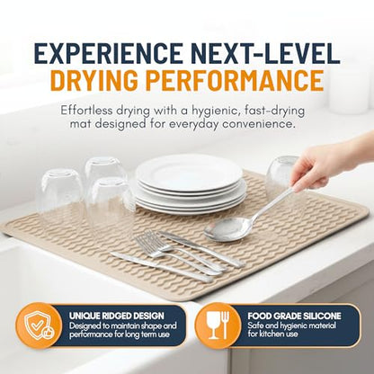 Silicone Dish Drying Mat for Kitchen Counter - Multi-Use 18 x 16 Inch Pad, Non-Slip & Heat-Resistant, Perfect Dish Drainer Mat by Linda’s Essentials, Ideal Kitchen Accessory (Beige)