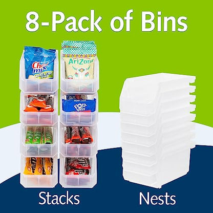 Medium Plastic Storage Bins, Stackable Organizer Containers for Closet Pantry Shelf Garage and Office Organization, Clear, 8 Pack | Open-Front Stackable Bins For Garage, Pantry, Closet & Office, 11"L X 5,5"W X 5"H, Nests When Empty, Durable Plastic,