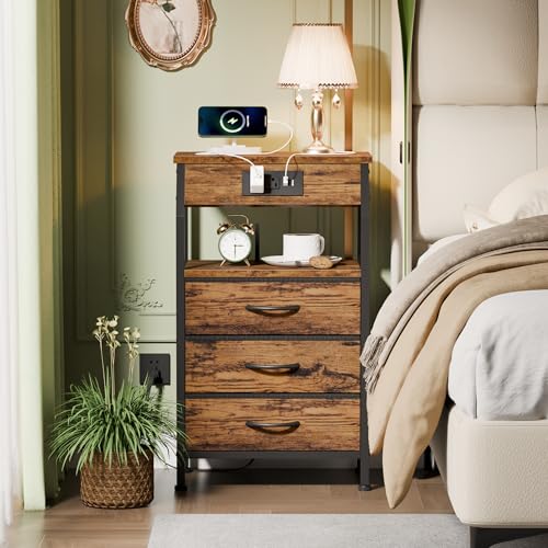 Night Stand with Charging Station, 3 Fabric Drawers Bedside Table | Rustic Brown Dorm Nightstand For Bedroom, 28.3 Inch Tall, Usb Ports & Outlets, Side Table with Storage Shelf, 3 Ways to Use