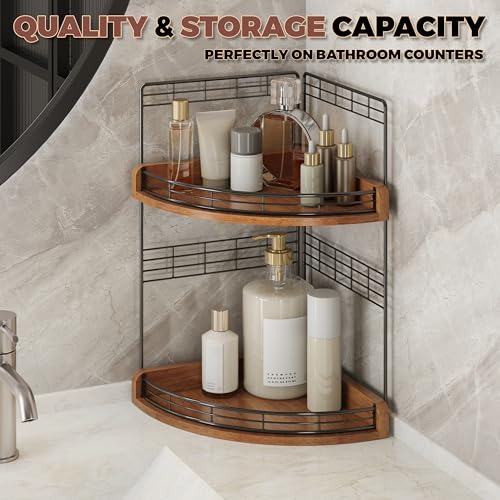 Bathroom Countertop Corner Organizer for Small Spaces, 2-Tier Counter Shelf | Oak Wood & Iron, Fan-Shaped Counter Shelf for Sink & Vanity Corners, Skincare, Toiletries, Compact Vertical Storage, Walnut