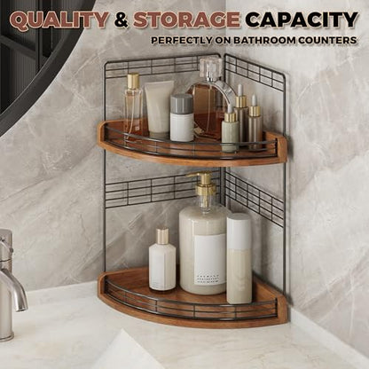 Bathroom Countertop Corner Organizer for Small Spaces, 2-Tier Counter Shelf | Oak Wood & Iron, Fan-Shaped Counter Shelf for Sink & Vanity Corners, Skincare, Toiletries, Compact Vertical Storage, Walnut