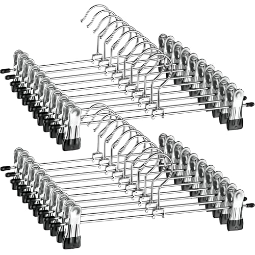 ZOBER Metal Pants Hangers with Clips, Skirt Clothes Hangers, 20 Pack | Chrome metal construction, non-slip adjustable clips, skirt hangers with clips, clip hangers for pants, shorts hangers