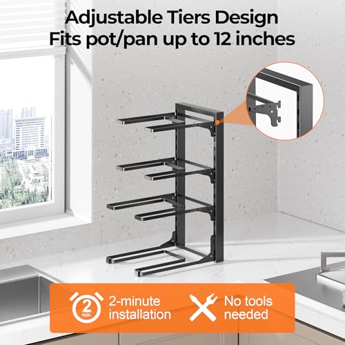 MUDEELA Pot and Pan Organizer Under Cabinet 15.75", 4-Tier Pot Rack, 1 Pack | Adjustable Tier, Tool-Free Assembly, Max 88 Lbs, Fits Cast Iron Pans, Skillets & Heavy Shallow Cookware, For Kitchen Cabinets