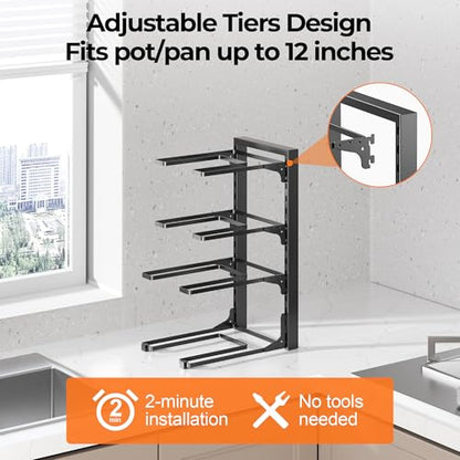 MUDEELA Pot and Pan Organizer Under Cabinet 15.75", 4-Tier Pot Rack, 1 Pack | Adjustable Tier, Tool-Free Assembly, Max 88 Lbs, Fits Cast Iron Pans, Skillets & Heavy Shallow Cookware, For Kitchen Cabinets