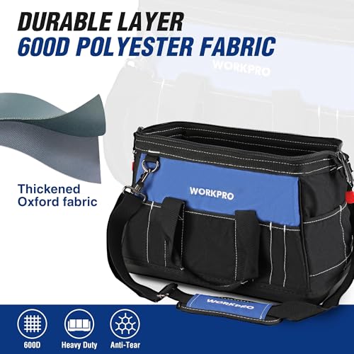 WORKPRO 16-inch Wide Mouth Tool Bag with Water-Proof Molded Base | Multi-Pocket, Heavy Duty Cloth, Adjustable Shoulder Strap, Double-pull Zipper, Suitable for Workshops, Outdoor Projects