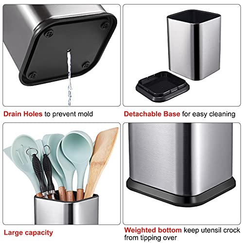 Stainless Steel Kitchen Utensil Holder for Countertop, Spoon Spatula Organizer,Modern Rectangular Large Cooking Utensil Caddy Counter,Utensil Crock Silver