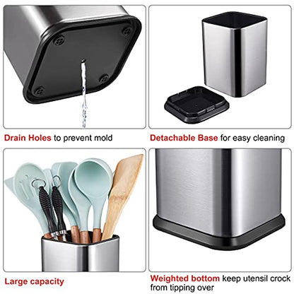 Stainless Steel Kitchen Utensil Holder for Countertop, Spoon Spatula Organizer,Modern Rectangular Large Cooking Utensil Caddy Counter,Utensil Crock Silver