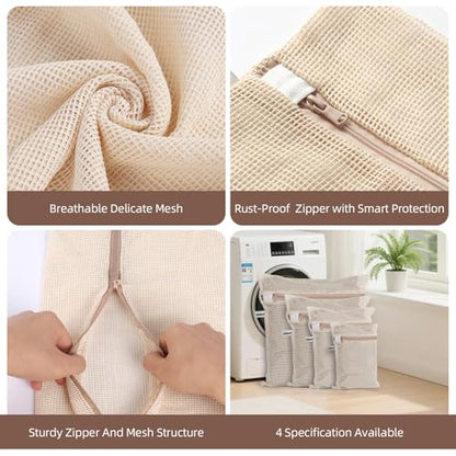 100% Cotton Mesh Laundry Bags, Premium Soft, No Dye, Set of 4, Natural