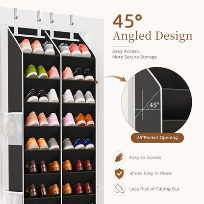Over the Door Shoe Organizer, 20-30 Pairs Heavy-Duty Hanging Shoe Storage with Large Pockets, 10-Tier Door Shoe Rack with 4 Hooks for Sneakers Sandals Heels Boots (Black)