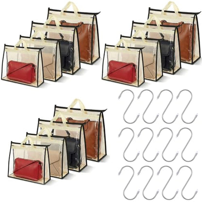 12 Pack Handbag Dust Bags, Clear PVC Purse Storage Organizer for Closet, Breathable Non-Woven Hanging Bags with Zipper & Handles, 4 Sizes (Beige)