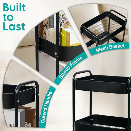 ZOES HOMEWARE 3 Tier Metal Rolling Cart on Wheels,Heavy Duty Utility Cart | Sturdy 3 Tiered Rolling Storage Cart With Hooks, Great For Craft, Art Workspace, Kitchen ,Snack And Office Storage, Black