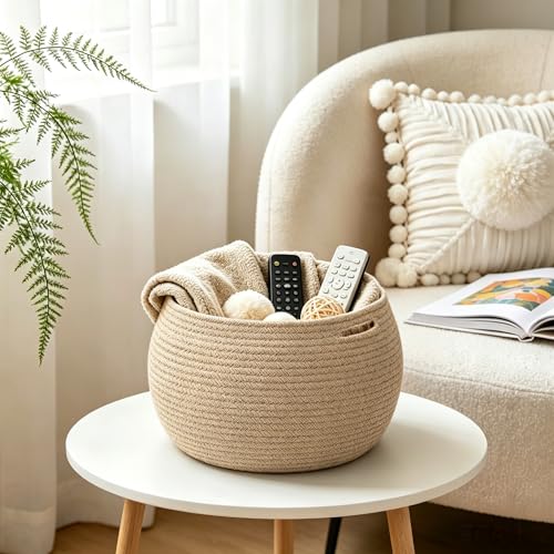 Goodpick Round Small Wicker Storage Basket for Shelves, 10" x 8.3", Jute | Woven Baby Basket with Handles，Decorative Gift Basket, Fits Living Room Nursery Toys & Towels Storage, Plant Baskets Indoor