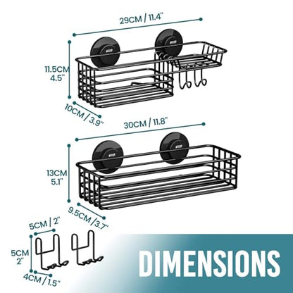 TAILI Shower Caddy Suction Cup 2 Pack with Hooks & Soap holder, Black | Heavy Duty Shower Organizer, No Drilling Bathroom Organizer, Metal Storage Basket