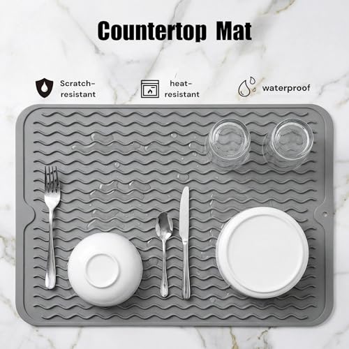MicoYang Silicone Dish Drying Mat, Grey, 16"×12" | Quick-Dry Ridges, Heat-Resistant Trivet to 450°F, Non-Slip & Dishwasher Safe, Roll-Up Storage, 18 Colors & 9 Sizes Available