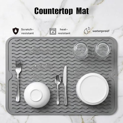 MicoYang Silicone Dish Drying Mat, Grey, 16"×12" | Quick-Dry Ridges, Heat-Resistant Trivet to 450°F, Non-Slip & Dishwasher Safe, Roll-Up Storage, 18 Colors & 9 Sizes Available