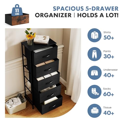 OLIXIS Tall 5 Drawer Fabric Dresser Storage Tower Bedroom Organizer, Black | Storage Unit with Removable Bins, Chest of Drawers with Sturdy Steel Frame, Tall Dressers for Closet, Living Room, Entryway