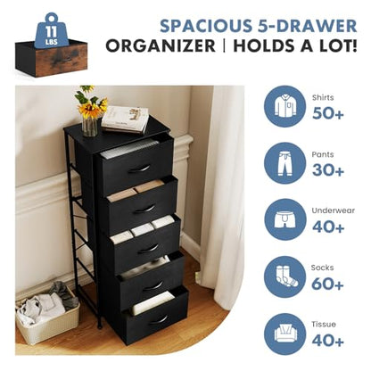 OLIXIS Tall 5 Drawer Fabric Dresser Storage Tower Bedroom Organizer, Black | Storage Unit with Removable Bins, Chest of Drawers with Sturdy Steel Frame, Tall Dressers for Closet, Living Room, Entryway