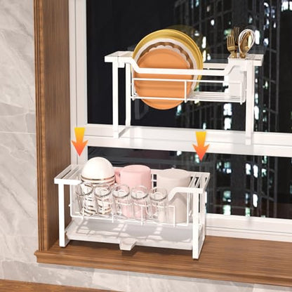 Dish Rack with Drainboard, Organizes Dishes and Bathroom Items for Narrow Spaces, Two-Story Drying Rack Fits 12 Plates 12 Bows 5 Glasses 4 Hooks and Some Cutlery, White