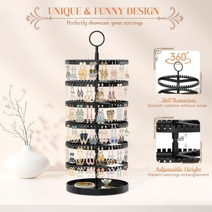 iDavosic.ly 6 Tier Rotating Earring Holder Organizer, Metal Tray, Black | Space Saving Display Stand Tree, Large Capacity Storage Rack with 342 Plastic Grooves, Adjustable for Long Dangle Hoop & Stud