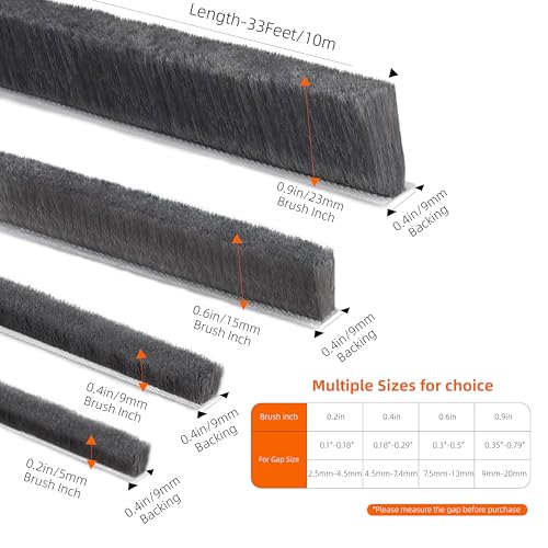 33 Feet Brush Weather Stripping,Door Brush Seal Strip,Door Soundproofing Strip,Window Noise Blocker,Self Adhesive Draft Blocker,Dust Stopper Winter,Grey,0.6in Brush x 0.35in Backing