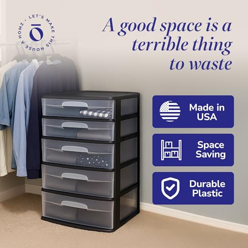 HOMZ Drawer Tower, 5-Tier Extra-Wide Clear Plastic Storage Organizer Cart, Black Frame - Stackable Container Boxes for Bedroom, Bathroom, Garage, and Office Organization