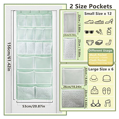 18 Pockets Over the Door Organizer with 4 Kind Pockets,Behind Door Shoes Rack,Back of Closet Storage Organization for Socks,Hat,Underwear,Luggage Packing,Hanging Holder Shelf in Home Dorm,Travel,Green