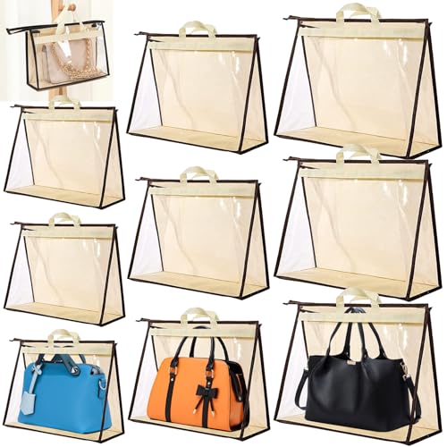 9Pack Dust Bags for Handbags,3 Sizes Clear Purse Storage Organizer | Transparent Handbag Storage,Purse Protector Storage Bag,Purse Cover Hanging Closet Organizer with Zipper Handles