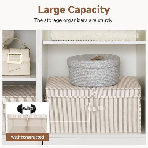 StorageWorks Extra Large Storage Bins with Lids, 55L Decorative Organizer with Divider Board, Fabric Boxes with Handles, Khaki and Beige Stripes, 2-Pack