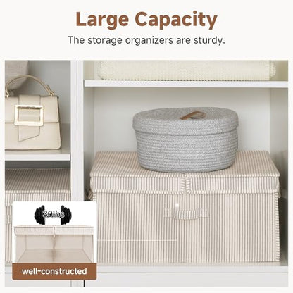 StorageWorks Extra Large Storage Bins with Lids, 55L Decorative Organizer with Divider Board, Fabric Boxes with Handles, Khaki and Beige Stripes, 2-Pack
