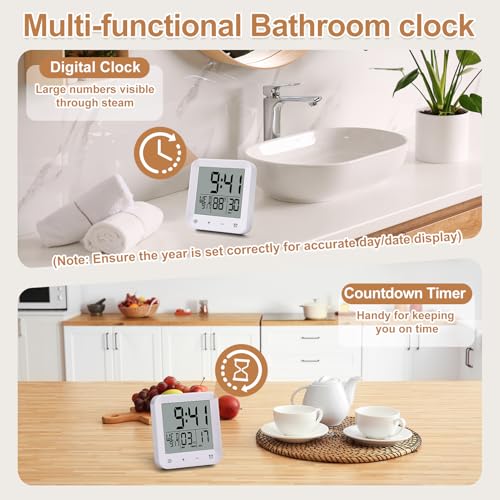 XINKORA Waterproof Shower Clock with Timer, Bathroom Wall Clock Displaying Temperature, Date & Day, Battery Operated LCD Digital Clock for Bath, Kitchen (White)