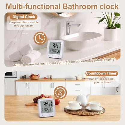 XINKORA Waterproof Shower Clock with Timer, Bathroom Wall Clock Displaying Temperature, Date & Day, Battery Operated LCD Digital Clock for Bath, Kitchen (White)