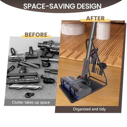 No Installation Required Vacuum Stand for Most Stick Vacuum,Black | No-drill freestanding metal holder. Heavy base prevents tipping. Fits most cordless stick models. Stores attachments neatly.
