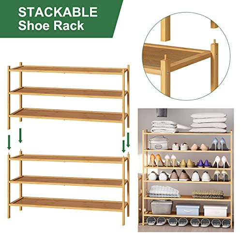 kiplant Long Shoe Rack, Bamboo Wood 3-Tier Shoe Rack for Entryway, Stackable | Foldable | Natural, Shoe Organizer for Hallway Closet, Free Standing Shoe Racks for Indoor Outdoor