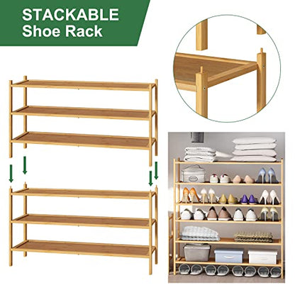 kiplant Long Shoe Rack, Bamboo Wood 3-Tier Shoe Rack for Entryway, Stackable | Foldable | Natural, Shoe Organizer for Hallway Closet, Free Standing Shoe Racks for Indoor Outdoor