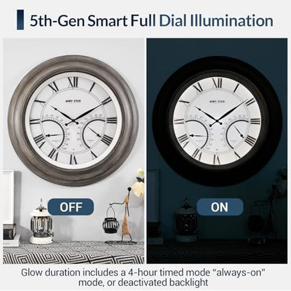 24 Inch Outdoor Clocks Waterproof,Large Outdoor Wall Clocks for Garden Patio Pool, Modern Lighted Metal Clock Battery Operated with Thermometer&Hygrometer, Gray Oak Wooden Non Ticking