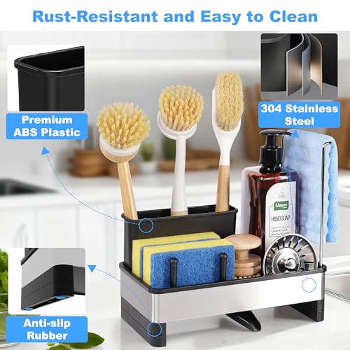 Sponge Holder for Kitchen Sink Caddy Organizer, Dish Brush Holder | Stainless Steel Sponge Caddy for Kitchen Countertop Organizer, Rustproof Dish Soap and Sponge Rack with Dishcloth Drying Rack