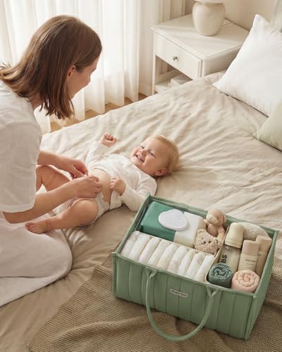 Blissful Diary Baby Diaper Caddy Organizer, Stylish Storage Basket for Newborn Essentials and Diaper Station, Gift for Baby Shower and Registry Must-Have, Sage Green