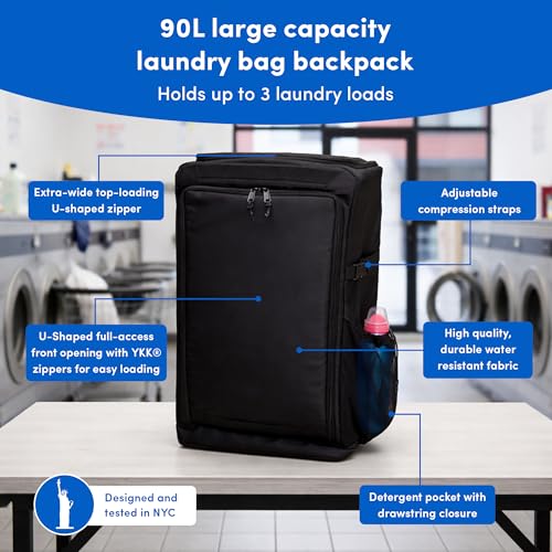 Otis 90L Extra Large Laundry Backpack Bag with Front-Load Access, Heavy Duty Backpack, Laundry Hamper with Padded Shoulder Straps & Waist Buckle for Dorm, Apartment, Laundromat & Travel.