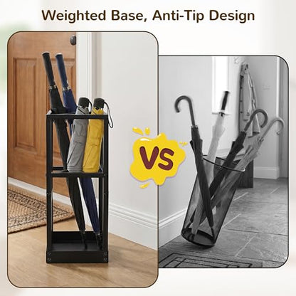 Umbrella Stand for Entryway Metal Geometric Freestanding Umbrella Holder or Cane Holder with Shelf for Small Umbrellas and Bottom Drip Tray, Black