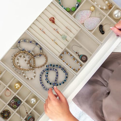 8 Pcs Small Velvet Jewelry Trays Stackable Drawers Organizer Inserts Divided Display Trays for Earring Ring Necklace, Beige