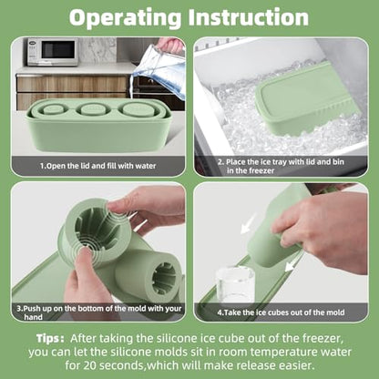 Ice Mold for Stanley Cup 30-40 oz Tumbler Cup Ice Mold | Silicone Ice Cube Tray With Lid and Bin for Chilling Cocktails, Whiskey, Coffee, Easy Fill and Release Ice Maker (Green)