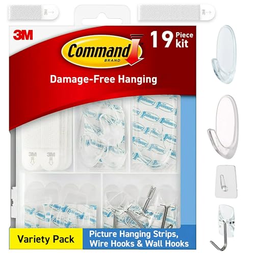 Command Clear Variety Pack, Including 8 Pairs of Picture Hangers, 4 Clear Wire Hooks and 11 Wall Hook for Hanging Back to School Dorm Organizers, Damage-Free Hanging Up to 19 Items